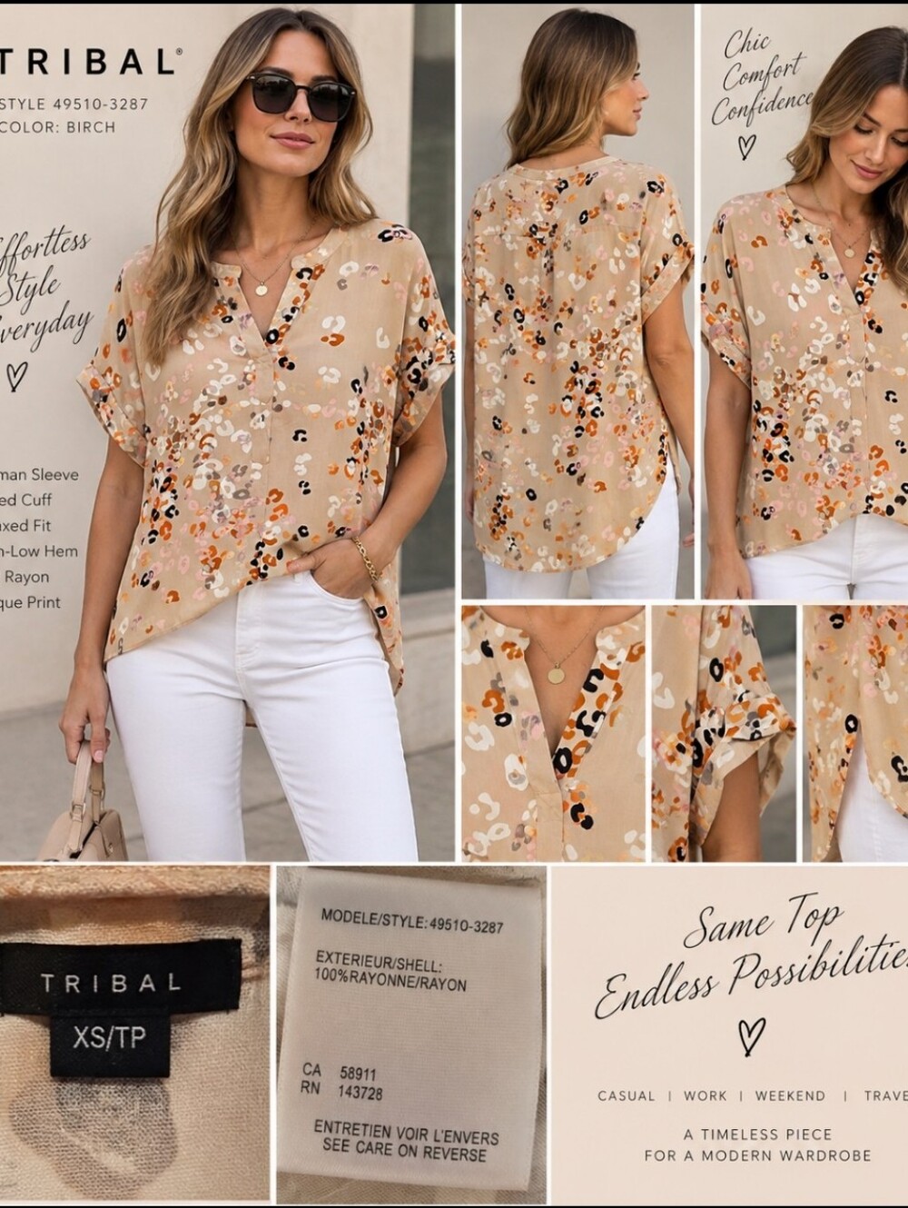🐆Tribal Dolman Sleeve Rayon Blouse XS – Relaxed Fit